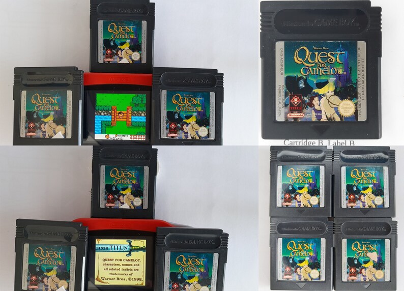 May include: A collection of ten black Game Boy Color cartridges for the video game "Quest for Camelot". The cartridges are arranged in two rows of five. The cartridges have a black plastic shell with a colorful label featuring the game's title and characters. The label also includes the game's copyright information, "Warner Bros. 1998".