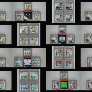 May include: A collection of 10 vintage video game cartridges, all in gray plastic cases with colorful labels. The cartridges are arranged in a pyramid shape, with the top cartridge being "Super Soccer", and the bottom row featuring "Super Mario Bros. 3", "Super Mario World", and "Super Mario Land 2: 6 Golden Coins".