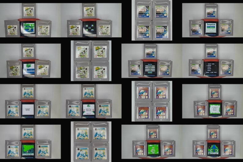 May include: A collection of 10 vintage video game cartridges, all in gray plastic cases with colorful labels. The cartridges are arranged in a pyramid shape, with the top cartridge being "Super Soccer", and the bottom row featuring "Super Mario Bros. 3", "Super Mario World", and "Super Mario Land 2: 6 Golden Coins".