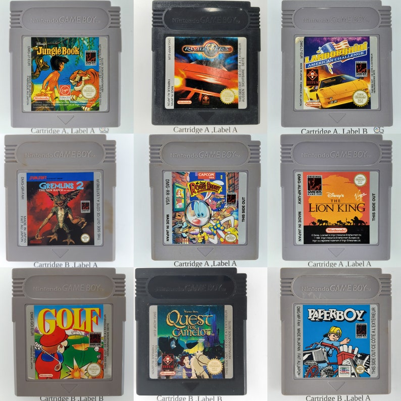May include: Nine Game Boy cartridges, including The Lion King, Gremlins 2, and Quest for Camelot. The cartridges are arranged in three rows of three, with the labels facing the viewer. The cartridges are all in good condition, with no visible scratches or damage.