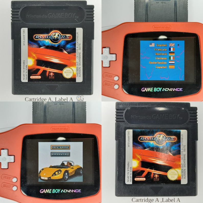 May include: A black Game Boy Advance cartridge with a red and black Game Boy Advance console. The cartridge has a label that says "Roadsters" and "Nintendo Game Boy". The console is displaying the game's title screen.