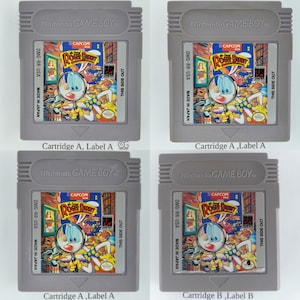 May include: Four gray Game Boy cartridges with a white label featuring a cartoon image of Roger Rabbit. The label text reads "CAPCOM USA Roger Rabbit" and "This Side Out". The cartridges are labeled "Cartridge A, Label A" and "Cartridge B, Label B".