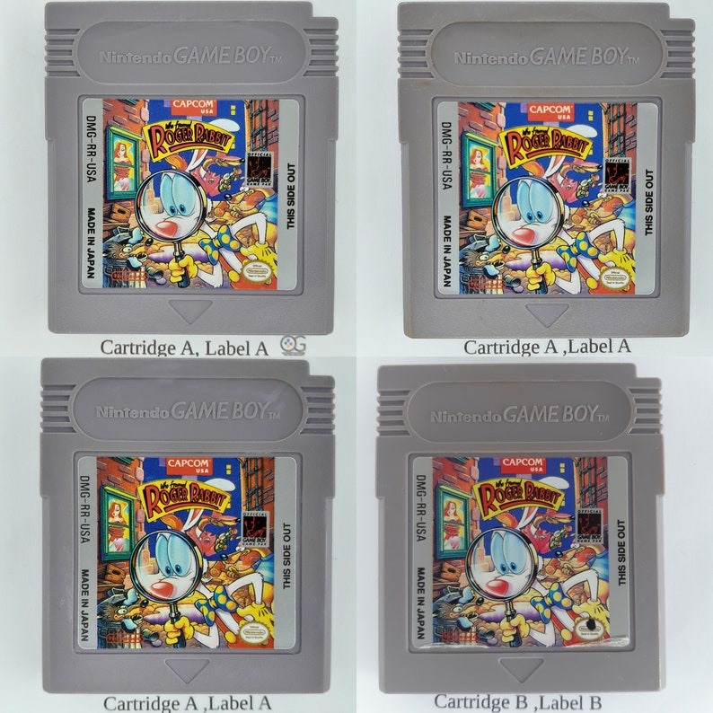 May include: Four gray Game Boy cartridges with a white label featuring a cartoon image of Roger Rabbit. The label text reads "CAPCOM USA Roger Rabbit" and "This Side Out". The cartridges are labeled "Cartridge A, Label A" and "Cartridge B, Label B".