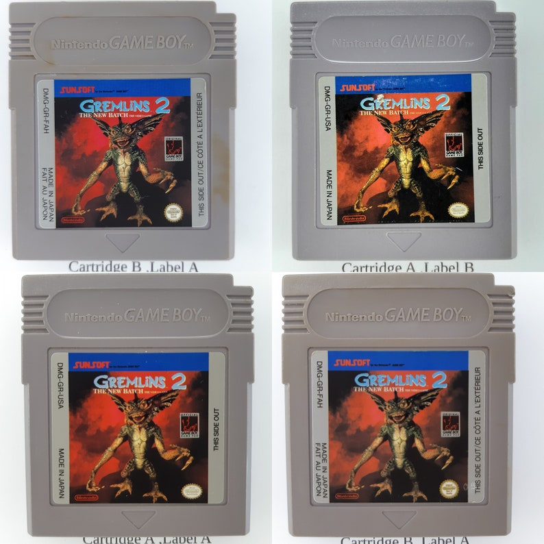 May include: Four different versions of a Game Boy cartridge for the game Gremlins 2: The New Batch. The cartridges are gray with a black label. The label features a red background with a green Gremlin character. The text on the label reads "Sunsoft Gremlins 2 The New Batch".