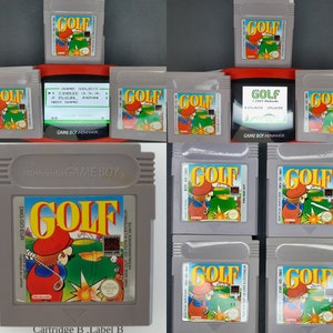 May include: A collection of ten Game Boy Color cartridges for the video game "Golf". The cartridges are in various shades of gray and feature the game title in a bold, white font. The cartridges are arranged in a grid pattern, with the game title visible on each cartridge.