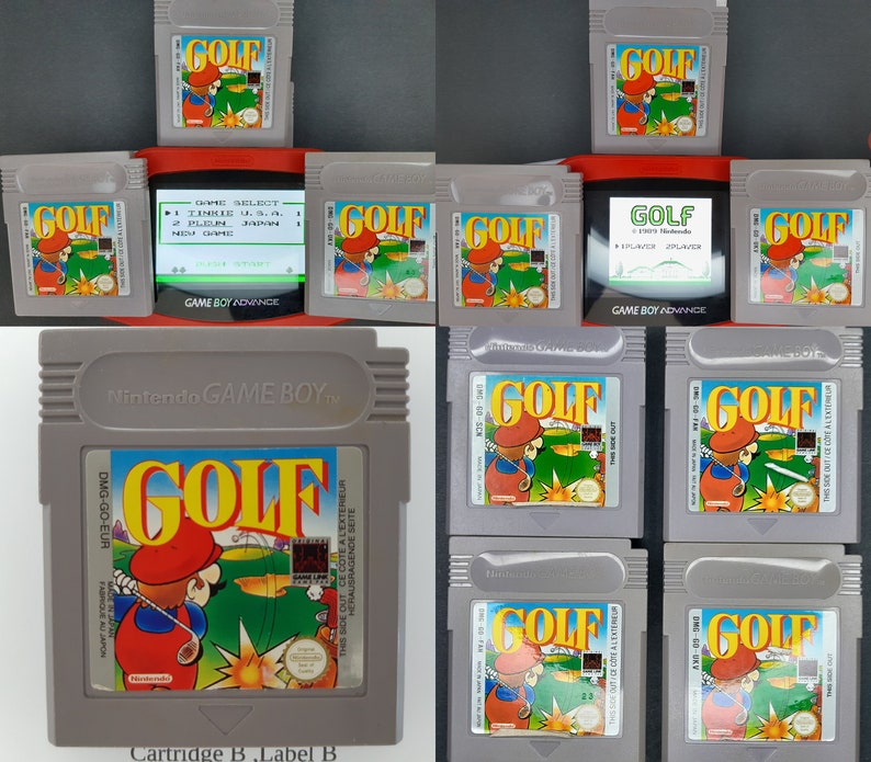 May include: A collection of ten Game Boy Color cartridges for the video game "Golf". The cartridges are in various shades of gray and feature the game title in a bold, white font. The cartridges are arranged in a grid pattern, with the game title visible on each cartridge.