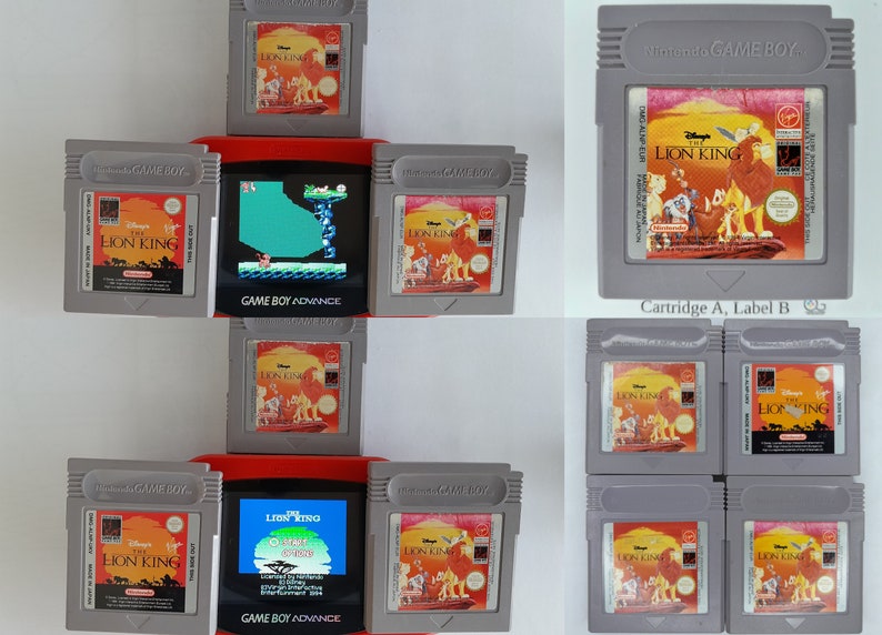 May include: A collection of eight video game cartridges for the Game Boy and Game Boy Advance. The cartridges are all for the game "The Lion King". The cartridges are arranged in two rows of four. The top row has four Game Boy cartridges, and the bottom row has four Game Boy Advance cartridges. The cartridges are all gray and have a picture of Simba from the movie "The Lion King" on the front.