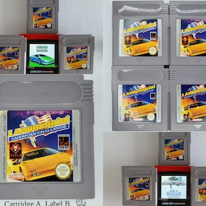 May include: A collection of four gray Game Boy cartridges for the game Lamborghini American Challenge. The cartridges are arranged in a 2x2 grid. The game title is printed on the front of each cartridge. The cartridges are in good condition.