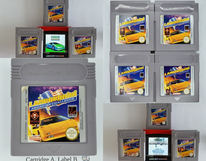 May include: A collection of four gray Game Boy cartridges for the game Lamborghini American Challenge. The cartridges are arranged in a 2x2 grid. The game title is printed on the front of each cartridge. The cartridges are in good condition.