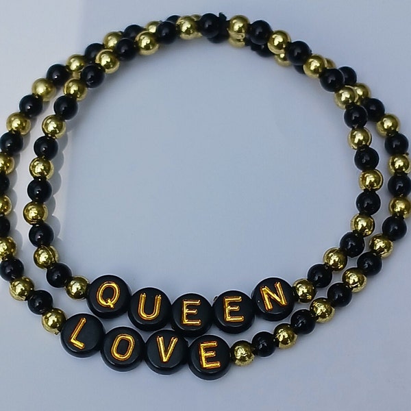 Black & Gold beaded bracelet- Queen and love beaded bracelet anklet-Gothic bead bracelet- Gold N Black Gothic Jewelry- Stretch bead jewelry