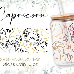 16オンス 山羊座 Libbey ガラス缶 SVG、花柄コーヒーガラス缶、ビールグラス SVG、星座 SVG、星座シームレスフルラップ、カットファイル