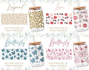 16 Unzen Libbey Glasdose SVG Bundle, Glasdose Voll wickeln, Schmetterlinge, Leopard, Liebe, Valentienes, Kaffee, Bier, Tier, Png, Cricut Dateien