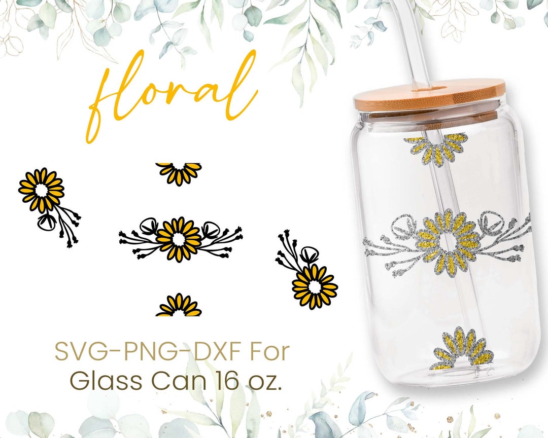 16oz Wild Flower Libbey Glass Can Svg, Glass Can Full Wrap Svg ...