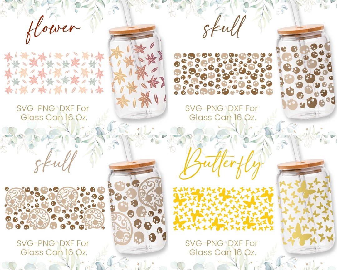 16oz Libbey Glass Can Svg Bundle, Glass Can Wrap Svg, Butterfly, Skull ...