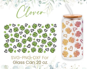 20oz Clover Leaf Libbey Glass Can Svg, Glass Can Full Wrap Svg,St. Patrick's Day,Shamrock, Lucky,Shaped Beer Glass Can,Svg, Png,Cricut Files