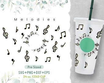 24oz Musique Notes Cold Cup Svg, Venti Cold Cup Svg, Full Wrap Melody Svg, Svg Musical, Musique Full Wrap Svg, Cricut Files
