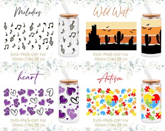 20oz Libbey Glass Can Svg Bundle, Melodie, Serce, Autyzm, Dziki Zachód, Western Glass Can Wrap, Kaktus, Boho Cutfile, Svg, Pliki Dxf Png