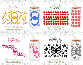 20oz Libbey Glass Can Svg Bundle, Teacher, Apple, Butterfly, Glass Can Full Wrap Svg, Teacher Fuel, Life, Coffee Glass Wrap,Png,Cricut Files
