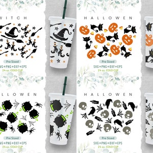 24 Unzen Halloween kein Loch Cold Cup SVG Bundle, Venti Cold Cup svg, Geist svg, Kürbis svg, Schädel svg, Spinnennetz, Pre Sized svg, Full Wrap svg