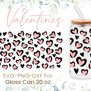 20oz Hearts Pattern Libbey Glass Can Svg, Glass Can Wrap Svg, Sketchy Hearts, Cute Hearts Doodle, Beer Glass Can, Love, Valentines Glass Can