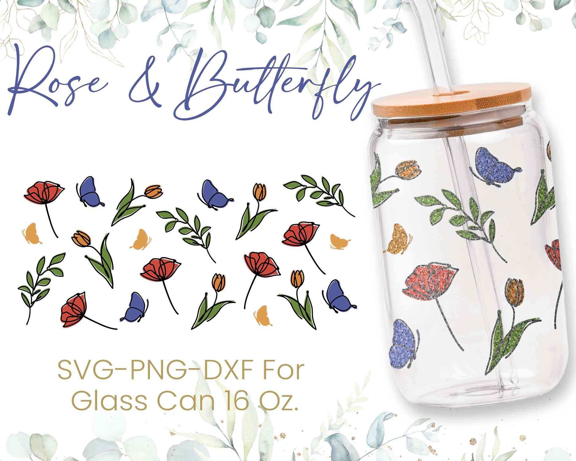 16oz Tulip Flower Libbey Glass Can Svg, Glass Can Full Wrap Svg, Floral ...