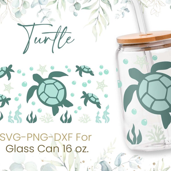 16oz Turtle Libbey Glass Can Svg,Turtle Glass Can Wrap Svg, Sea Animal Svg, Beer Glass Can Svg, Libbey Wrap Svg,Svg Dxf Png Files,Cricut