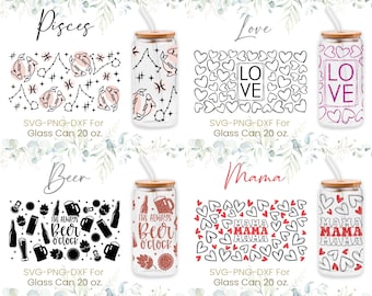 20oz Libbey Glass Can Svg Bundle, Love, Beer, Mama, Glass Can Full Wrap Svg, Valentines, Heart,Coffee Glass Wrap, Kiss Lips,Png,Cricut Files