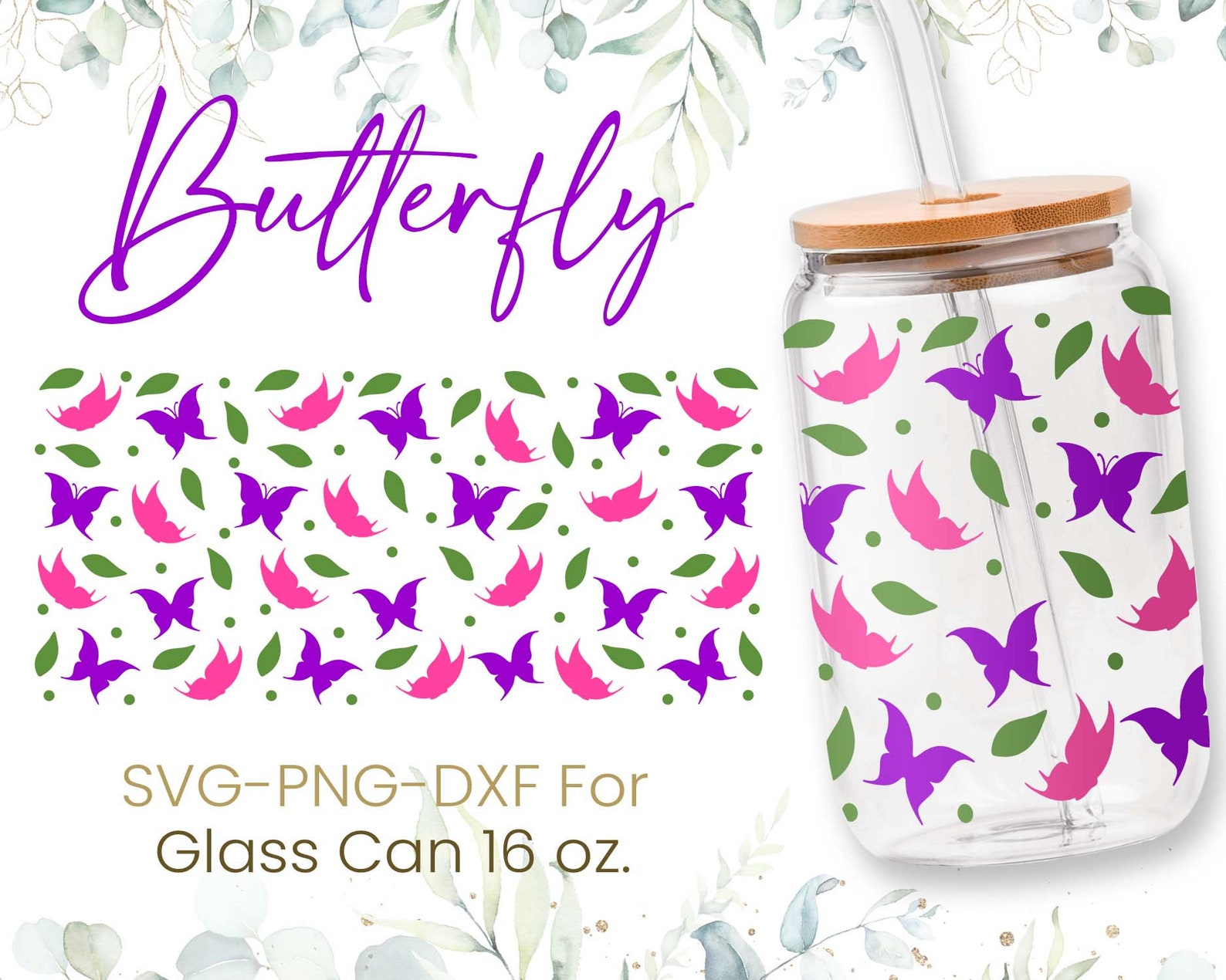 16oz Butterfly Libbey Glass Can Svg Glass Can Full Wrap Svg - Etsy