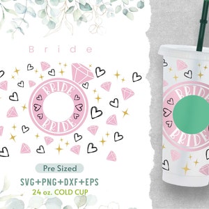 May include: A pink and white 24 ounce cold cup with a bride design. The design features a ring with the word "bride" written on it, surrounded by hearts and diamonds. The cup is pre-sized for sublimation.