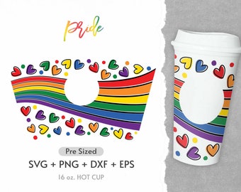 May include: A white 16 oz. hot cup with a lid, and a matching sleeve. The sleeve features a rainbow design with hearts and the word "Pride" in rainbow colors. The cup and sleeve are designed for Pride celebrations.