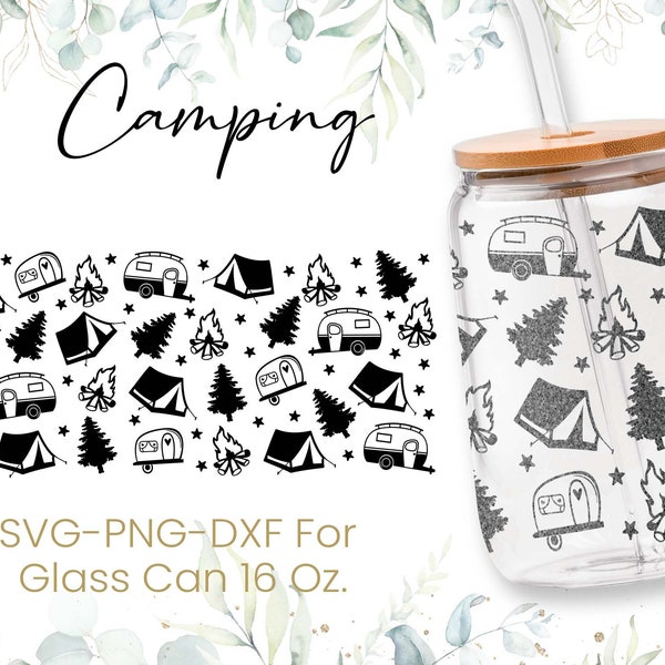 16oz Camping Libbey Glass Can Svg, Camping Glass Can Wrap Svg, Happy Camper Svg, Outdoors Glass Can Svg, Tent Libbey Wrap Svg,Svg  Png Files