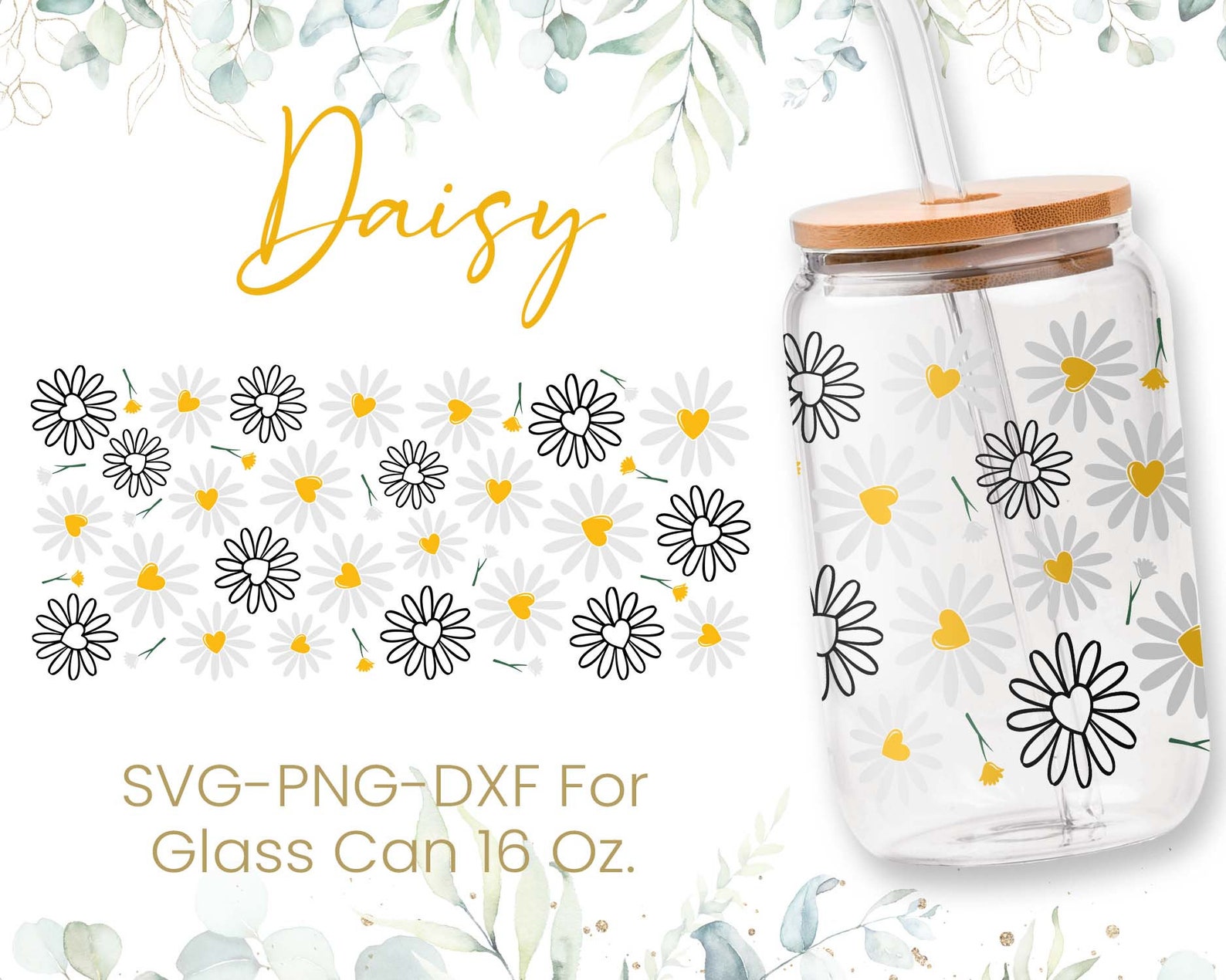 16oz Daisy Libbey Glass Can Svg, Glass Can Full Wrap Svg, Coffee Can ...