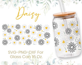 16oz Daisy Libbey Glass Can Svg, Glass Can Full Wrap Svg, Coffee Can Glass, Svg, Daisy Flower Svg, Seamless Full Wrap, Png,Svg,Cricut Files