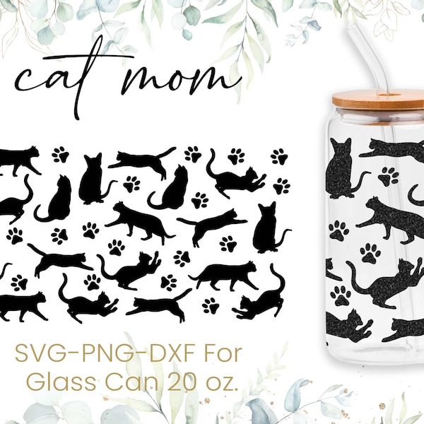 20oz Cat Mom Libbey Glass Can Svg, Glass Can Full Wrap Svg, Mom Life Svg, Mother Day Svg, Leopard Svg,Coffee Glass Wrap,Png, Cricut Files