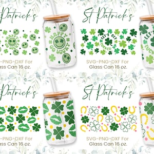 16oz St Patrick's Day Libbey Glass Can Svg Bundle, Happy Go Lucky Glass Can, Kiss Me,St. Patrick's Day,Shamrock,Lucky, Shaped Beer Glass Can