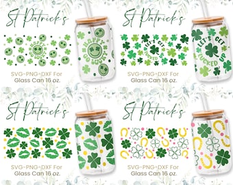 May include: Four different designs for 16 oz. glass can wraps featuring St. Patrick's Day themes. The designs include shamrocks, clovers, horseshoes, and the phrases "Happy Go Lucky" and "Let's Get Lucky".