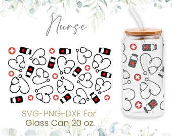 20oz Nurse Libbey Glass Can Svg, Glass Can Full Wrap Svg, Nurse Fuel, Nursing Student, Nurse Life, Heartbeat,Coffee Glass Wrap, Svg,Png