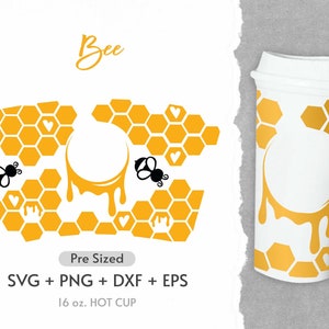 16oz honingraat Hot Cup Svg, Hot Cup Svg, volledige wrap druipende honing Svg, honingraat Svg, Bee Hive patroon Svg, koffie Hot Cup Svg, Png, Eps