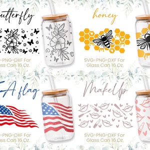 16oz Libbey Glass Can Svg Bundle, Honeycomb, Usa Flag, Flower, Butterfly, Makeup, Bee, Glass Can Wrap Svg, Coffee, Beer, Svg Dxf Png Files