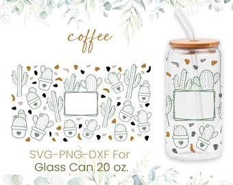 20oz Cactus Heart Libbey Glass Can Svg, Glass Can Full Wrap Svg, Boho Svg, Succulent Coffee Svg, Cactus Svg, Coffee Glass Wrap, Cricut Files