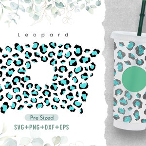 May include: A pre-sized digital design featuring a turquoise and black leopard print. The design is shown on a white background and on a turquoise and black leopard print tumbler. The text "Leopard" is at the top of the design and "Pre Sized" is below the design. The text "SVG+PNG+DXF+EPS" is at the bottom of the design.