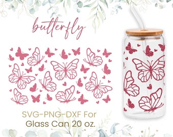 20oz Butterfly Libbey Glass Can Svg, Glass Can Full Wrap Svg, Butterflies Svg, Beer Glass Can Svg, Coffee Glass Wrap, Svg,Png,Cricut Files