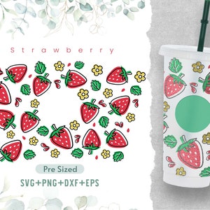 24oz Strawberry  Cold Cup Svg, Venti Cold Cup Svg, Strawberry  Svg, Fruit Svg, Pre Sized Svg, Decal Perfect Fit for Venti, Full Wrap Svg