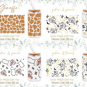 20oz Libbey Glass Can Svg Bundle, Gemini, Taurus, Zodiac, Giraffe Print Glass Can Wrap Svg, Animal Pattern,Coffee Glass,Libbey Wrap, Svg,Png