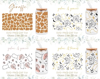 20 Unzen Libbey Glas Dose Bundle, Zwillinge, Stier, Sternzeichen, Giraffe Print Glas Dose, SVG, Tiermuster, Kaffeeglas, Libbey Wrap, SVG, Png