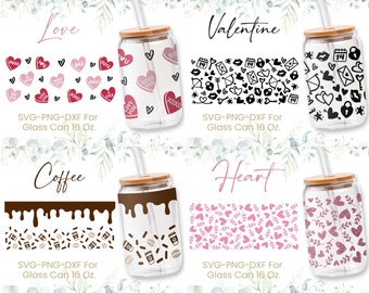 16oz Libbey Glass Can Svg Bundel, Valentijnsdag, Koffie, Glas kan Full Wrap Svg, Kisses Svg, Love Heart Svg, Shaped Beer, Png, Cricut Files