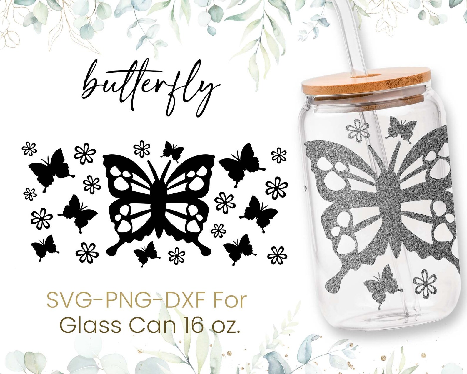 16oz Butterfly Libbey Glass Can Svg, Glass Can Full Wrap Svg ...