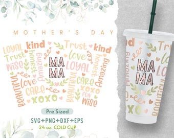 24oz mors dag utan hål Sbux kall kopp Svg, Glad mors dag, mamma Wrap Svg, Venti Full Wrap Svg, Dekal Full Wrap Svg, Cricut Silhouette