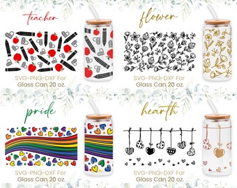 20oz Libbey Glass Can Svg Bundle, Teacher, Flower, Heart, Pride, Glass Can Full Wrap Svg, Teacher Life, Beer, Coffee Glass Wrap, Svg, Png