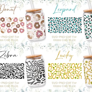 16oz Libbey Glass Can Svg Bundle, Glass Can Wrap Svg, Donut, Zebra Pattern, Leopard Print, Lucky, Beer, Coffee, Shaped Beer,Png, Cricut File